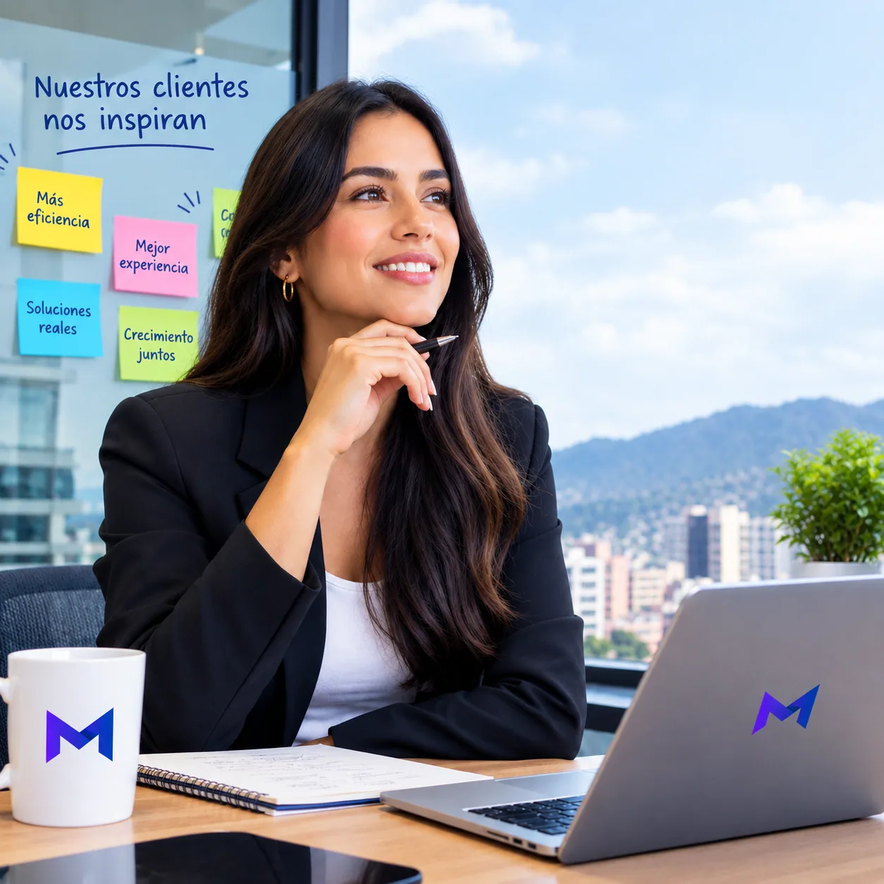 Empresaria pensativa y sonriente frente a un muro de notas que dice «Nuestros clientes nos inspiran», con la ciudad y las montañas al fondo